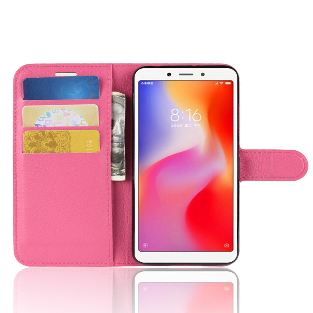 Litchi Texture Leather Wallet Stand Mobile Casing for Xiaomi Redmi 6A (Single 12MP Rear Camera)