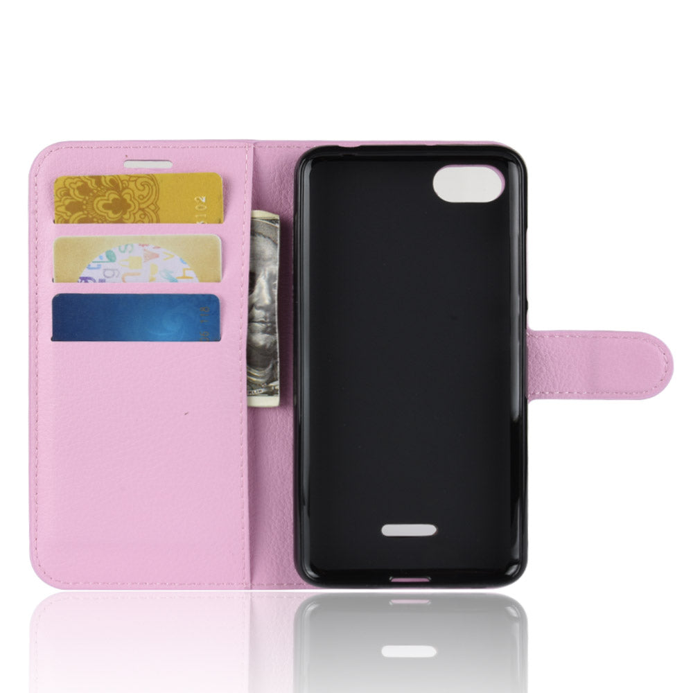 Litchi Texture Leather Wallet Stand Mobile Casing for Xiaomi Redmi 6A (Single 12MP Rear Camera)