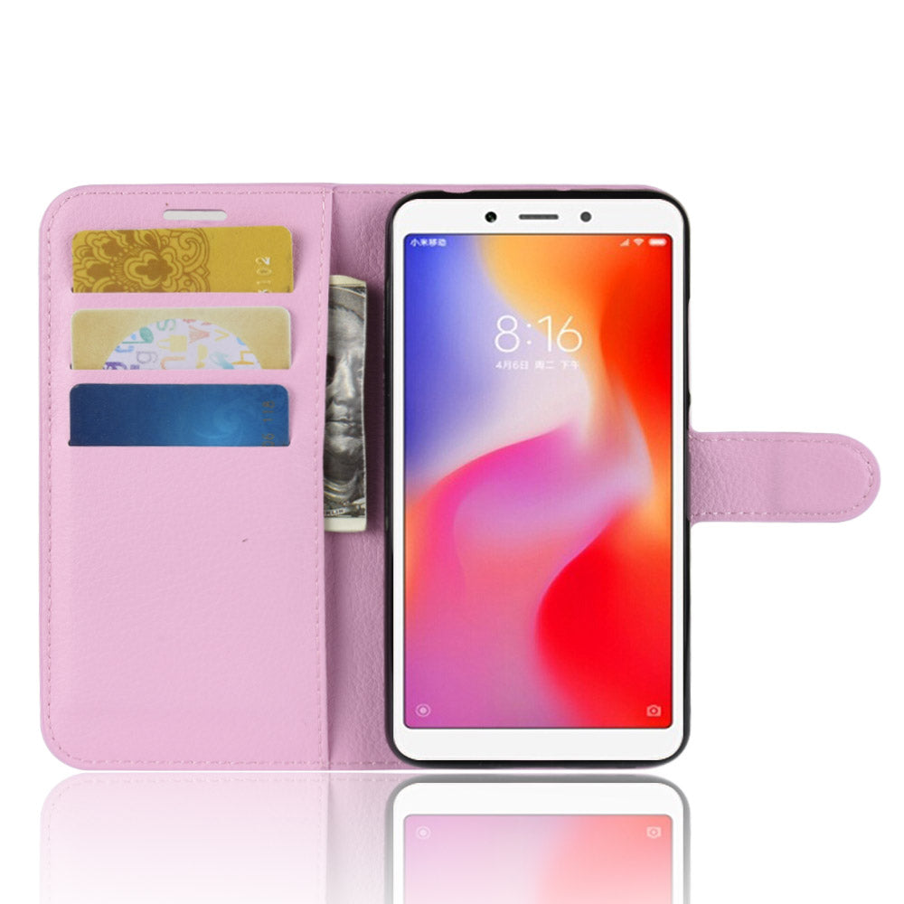 Litchi Texture Leather Wallet Stand Mobile Casing for Xiaomi Redmi 6A (Single 12MP Rear Camera)