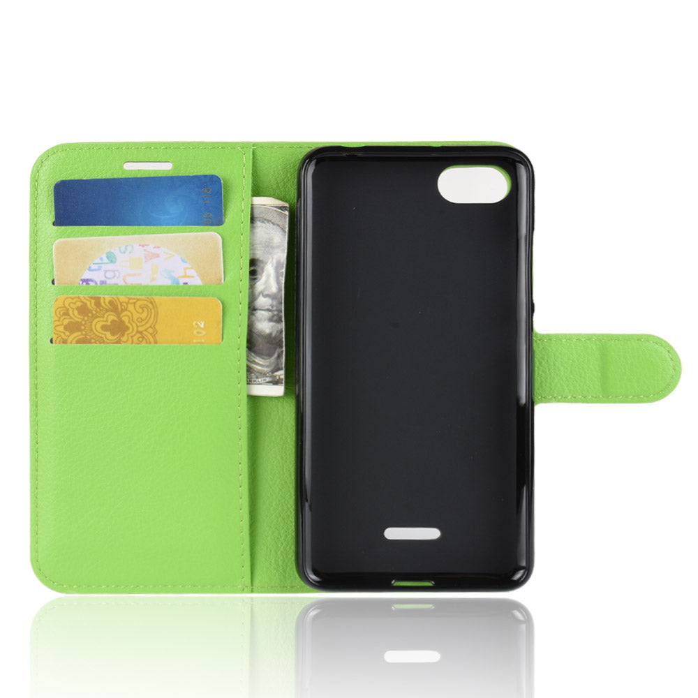Litchi Texture Leather Wallet Stand Mobile Casing for Xiaomi Redmi 6A (Single 12MP Rear Camera)