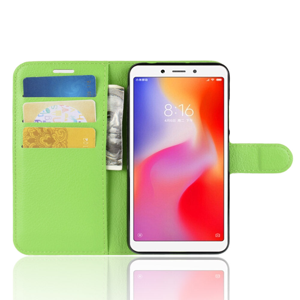 Litchi Texture Leather Wallet Stand Mobile Casing for Xiaomi Redmi 6A (Single 12MP Rear Camera)