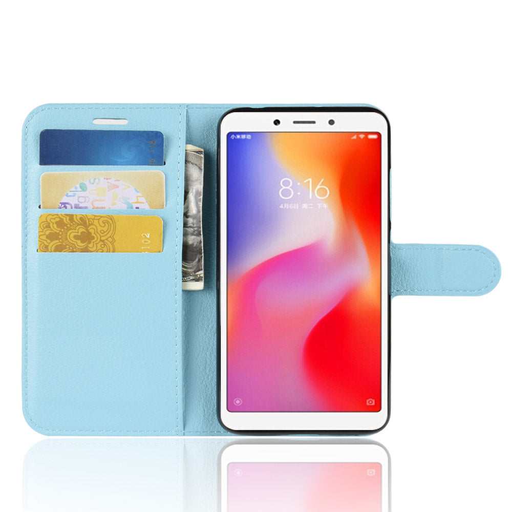 Litchi Texture Leather Wallet Stand Mobile Casing for Xiaomi Redmi 6A (Single 12MP Rear Camera)
