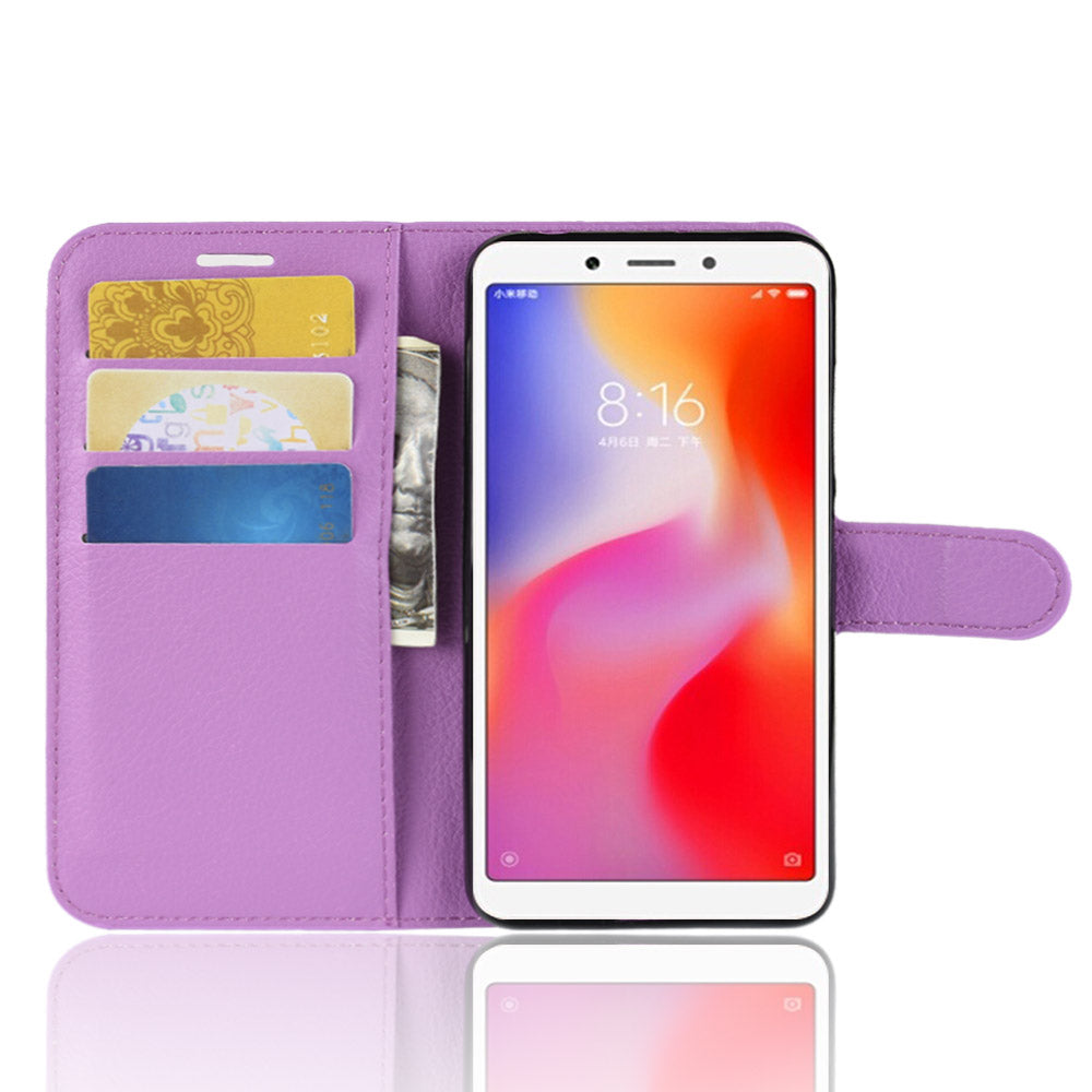 Litchi Texture Leather Wallet Stand Mobile Casing for Xiaomi Redmi 6A (Single 12MP Rear Camera)