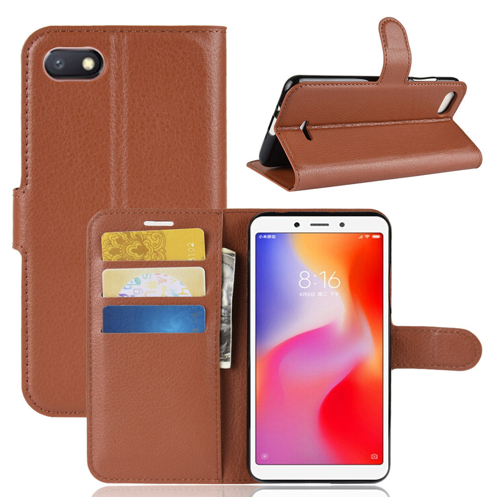 Litchi Texture Leather Wallet Stand Mobile Casing for Xiaomi Redmi 6A (Single 12MP Rear Camera)
