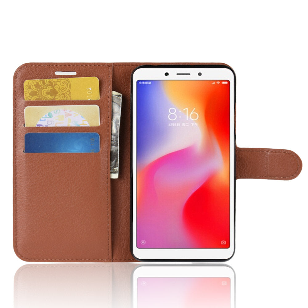 Litchi Texture Leather Wallet Stand Mobile Casing for Xiaomi Redmi 6A (Single 12MP Rear Camera)