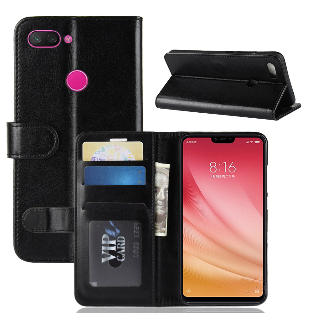 Crazy Horse Wallet Stand Leather Cellphone Case for Xiaomi Mi 8 Lite/Mi 8 Youth (Mi 8X)