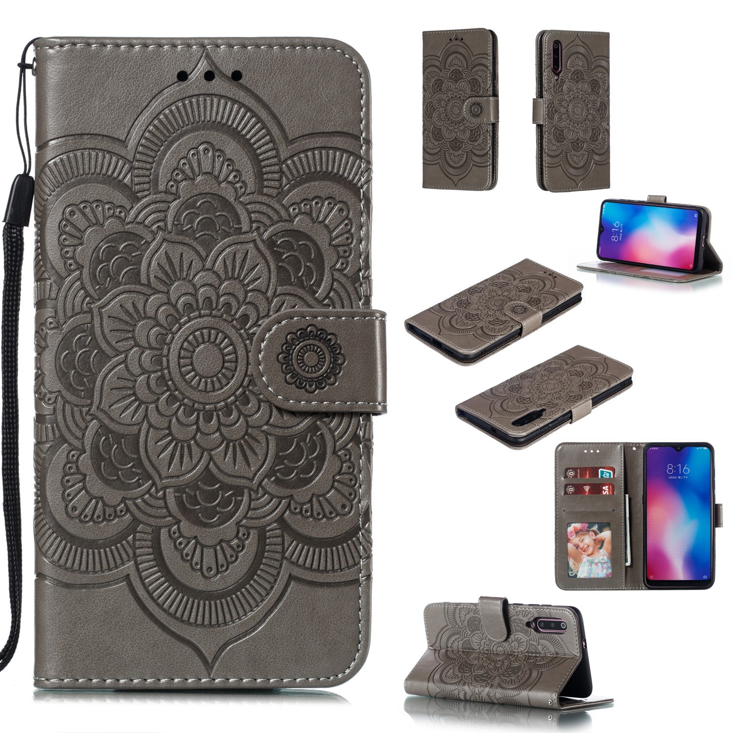 For Xiaomi Mi 9 Imprint Mandala Flower Stand Leather Phone Case Cover
