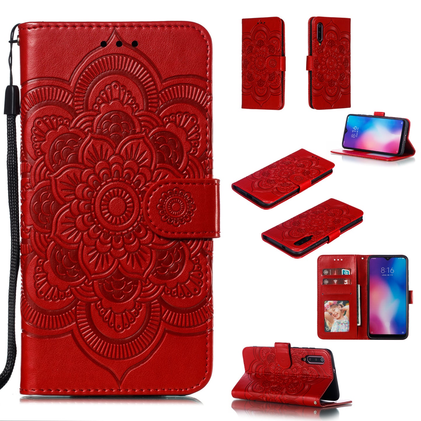 For Xiaomi Mi 9 Imprint Mandala Flower Stand Leather Phone Case Cover