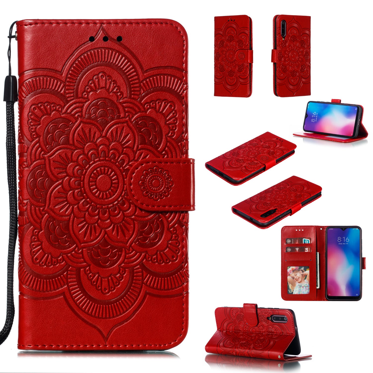 For Xiaomi Mi 9 Imprint Mandala Flower Stand Leather Phone Case Cover