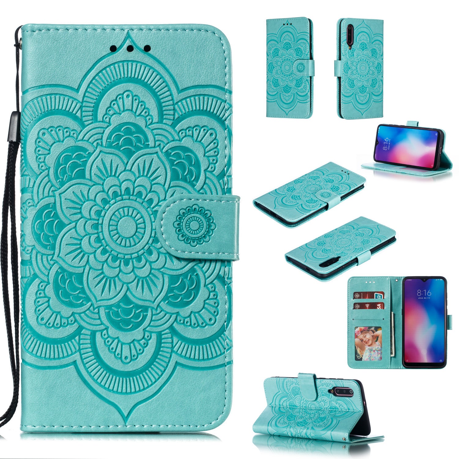 For Xiaomi Mi 9 Imprint Mandala Flower Stand Leather Phone Case Cover