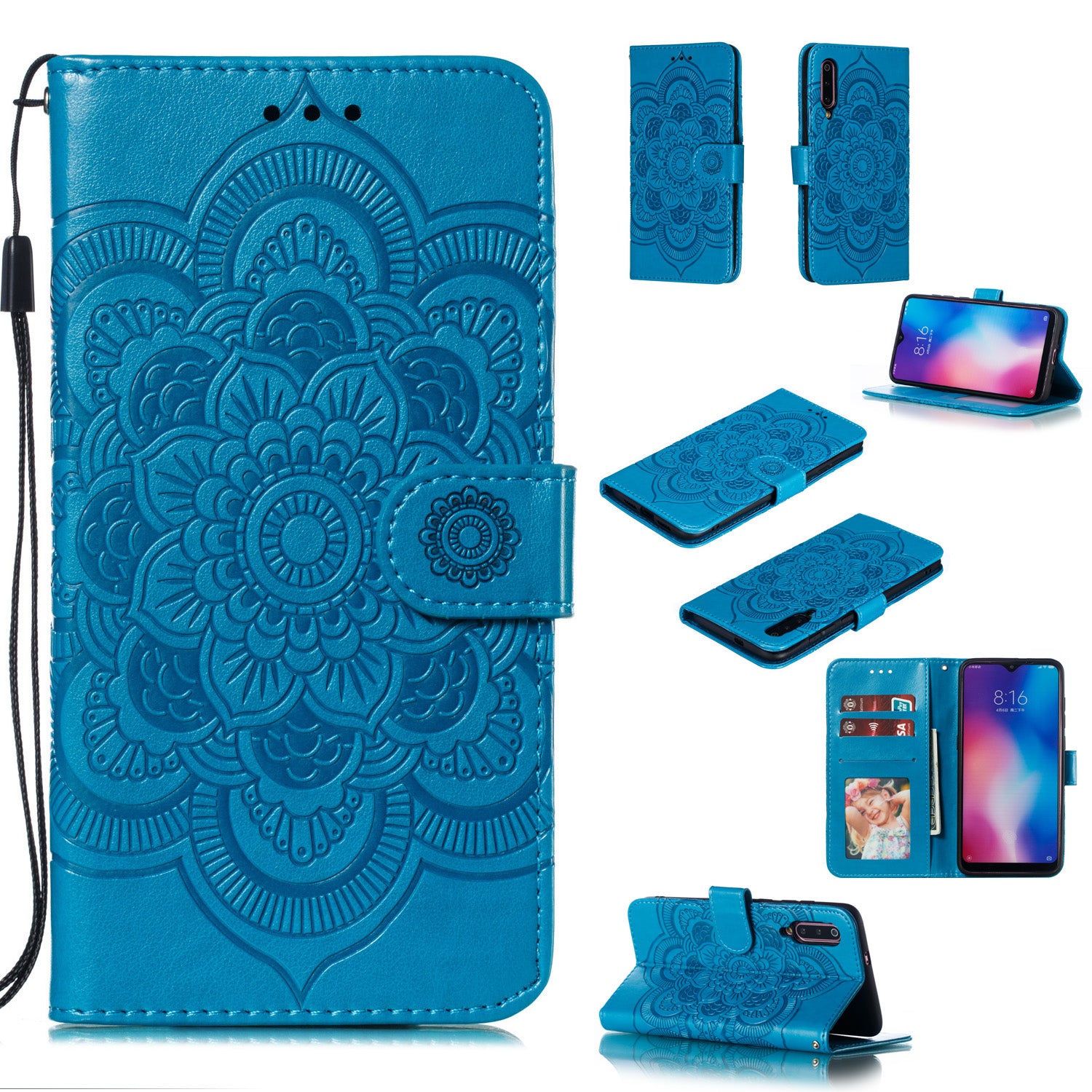For Xiaomi Mi 9 Imprint Mandala Flower Stand Leather Phone Case Cover