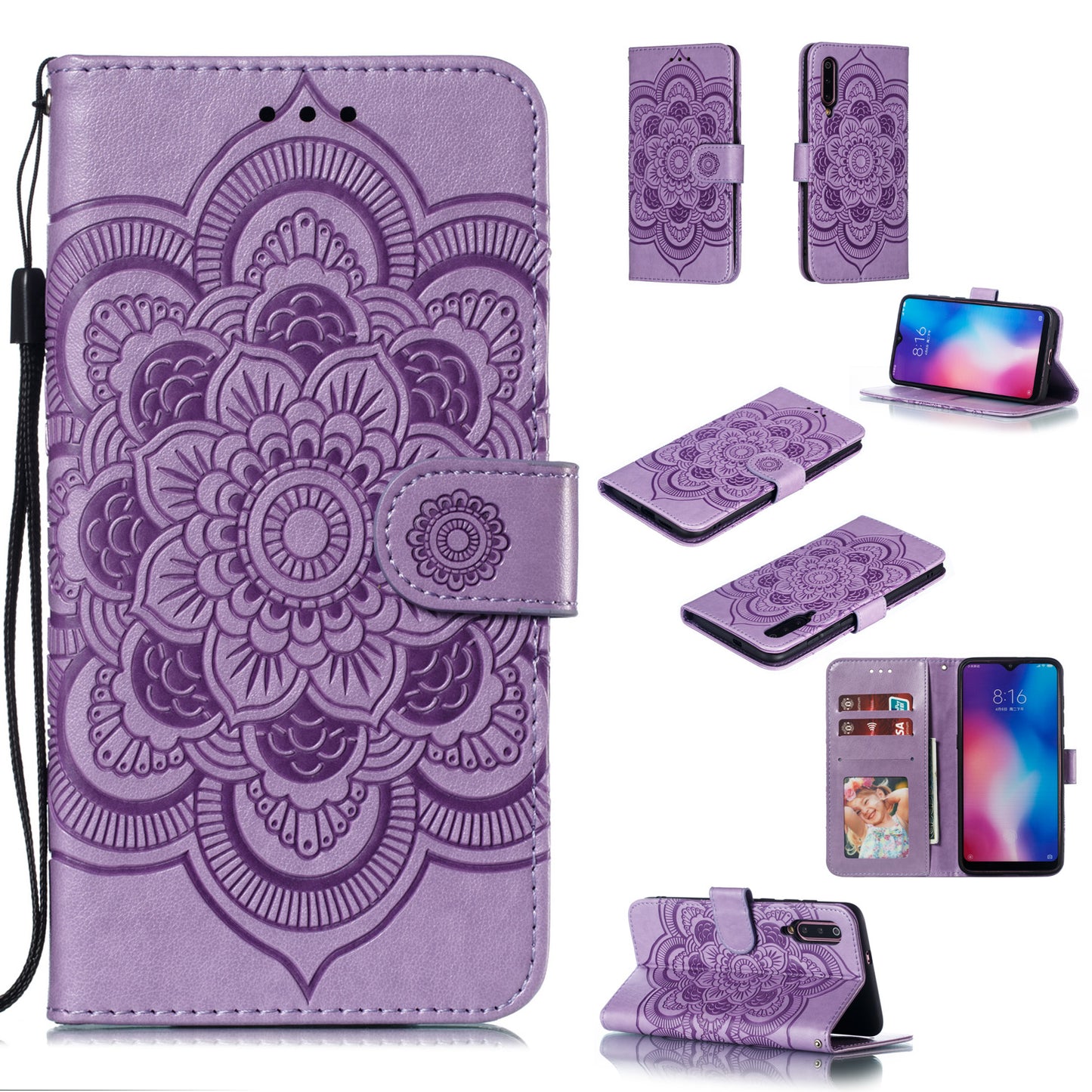 For Xiaomi Mi 9 Imprint Mandala Flower Stand Leather Phone Case Cover