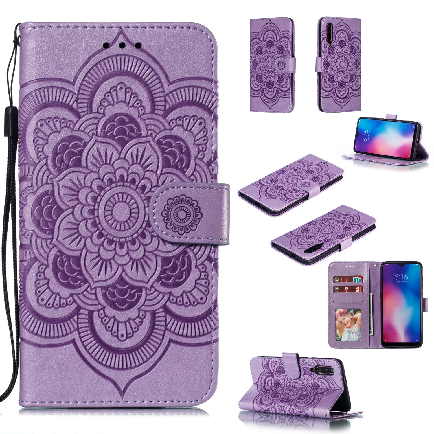 For Xiaomi Mi 9 Imprint Mandala Flower Stand Leather Phone Case Cover
