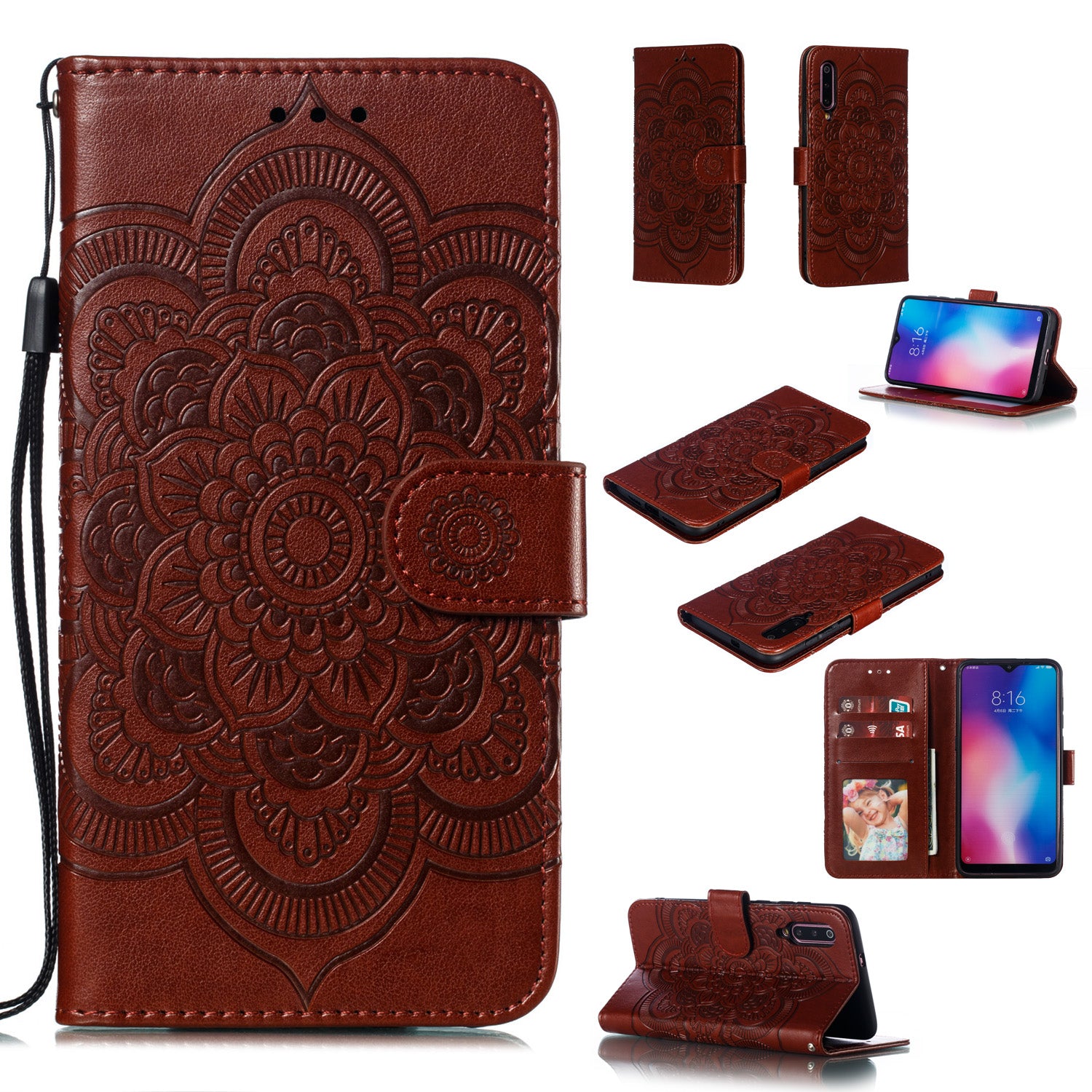 For Xiaomi Mi 9 Imprint Mandala Flower Stand Leather Phone Case Cover