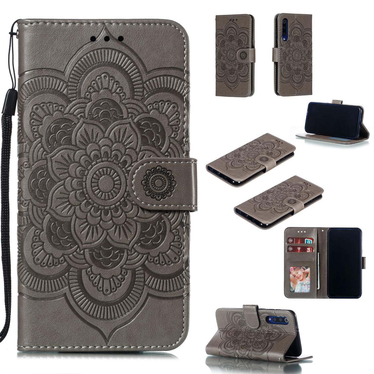 For Xiaomi Mi 9 SE Imprint Mandala Flower Phone Cover Wallet Leather Case