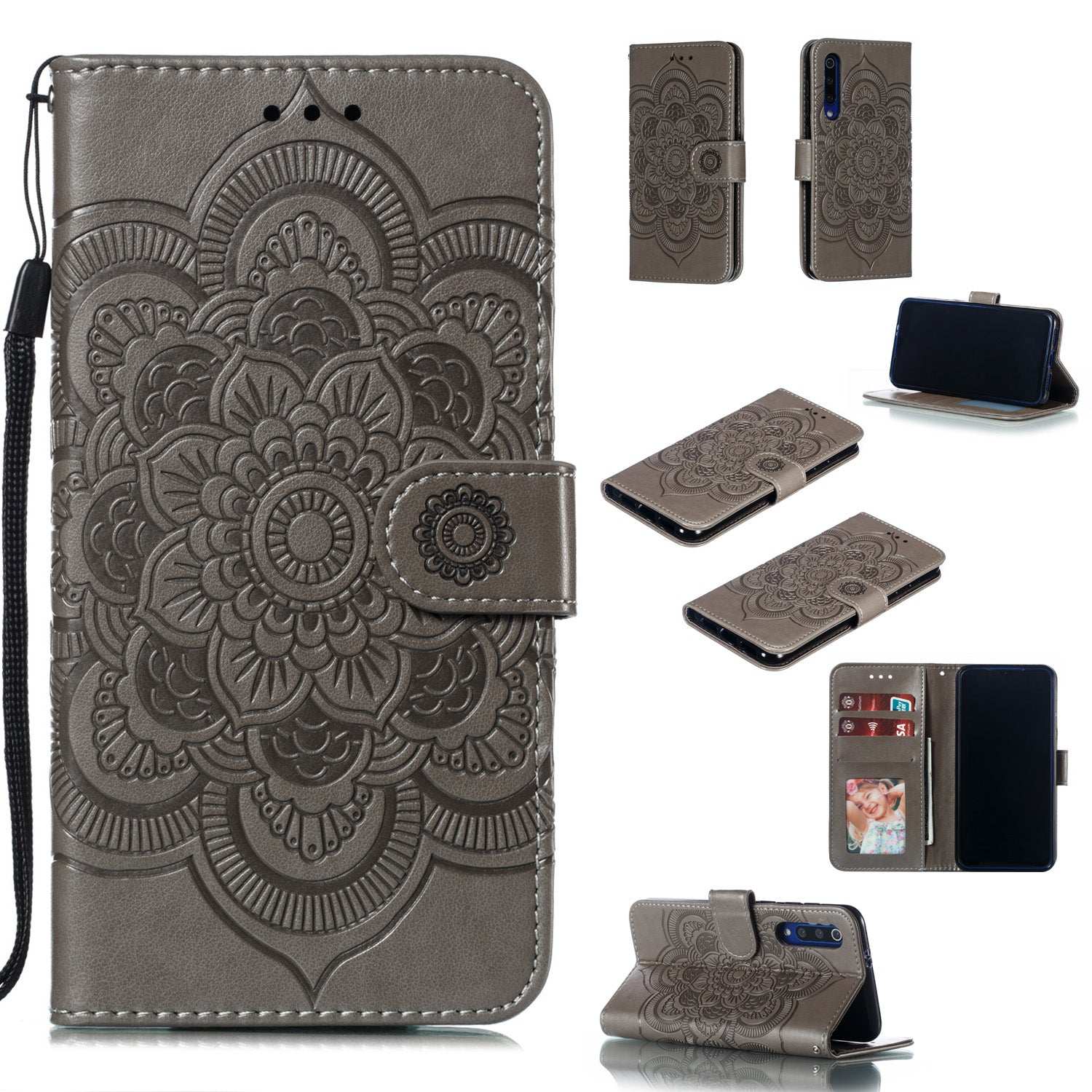 For Xiaomi Mi 9 SE Imprint Mandala Flower Phone Cover Wallet Leather Case