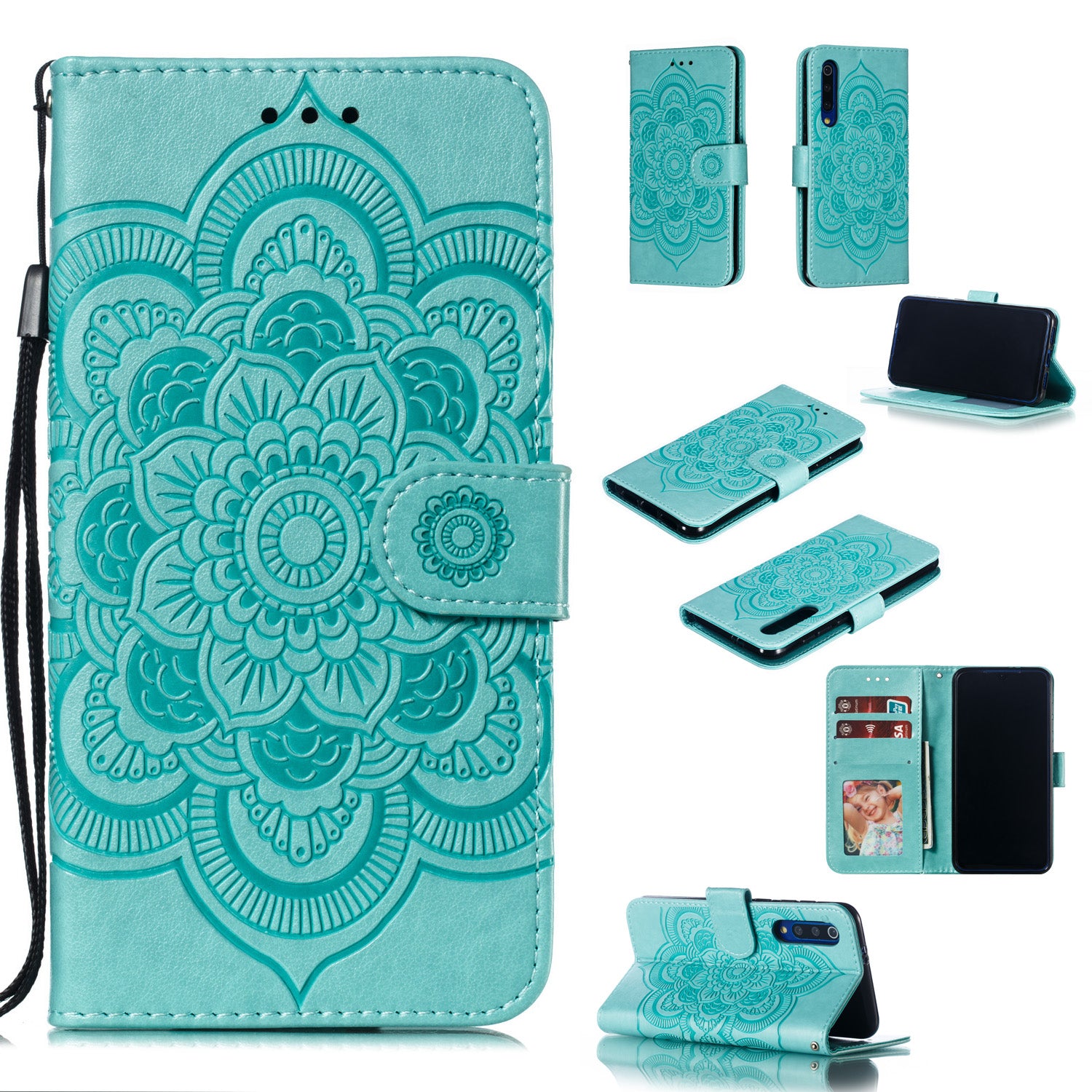 For Xiaomi Mi 9 SE Imprint Mandala Flower Phone Cover Wallet Leather Case