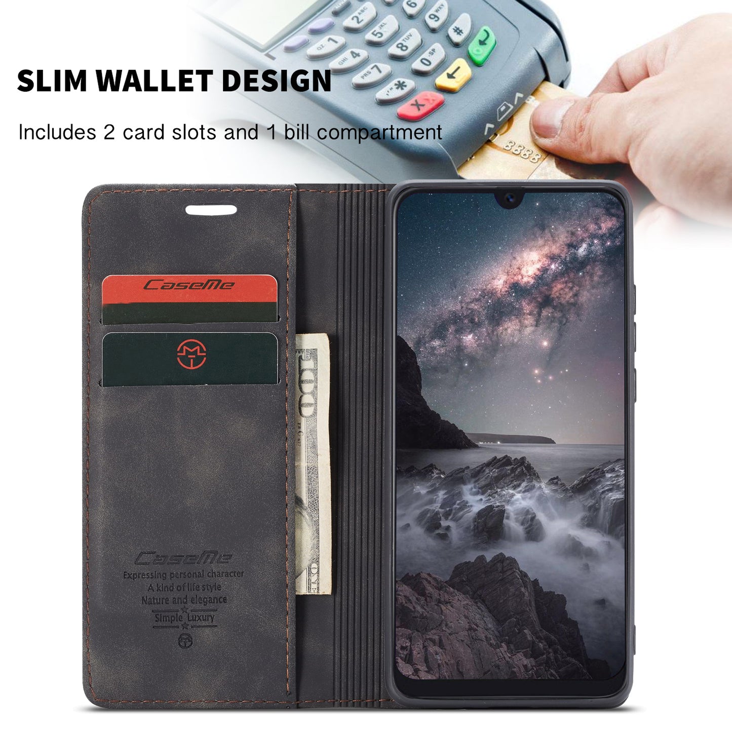 CASEME 013 Series Auto-absorbed Retro Business Leather Wallet Stand Phone Case for Xiaomi Mi 9