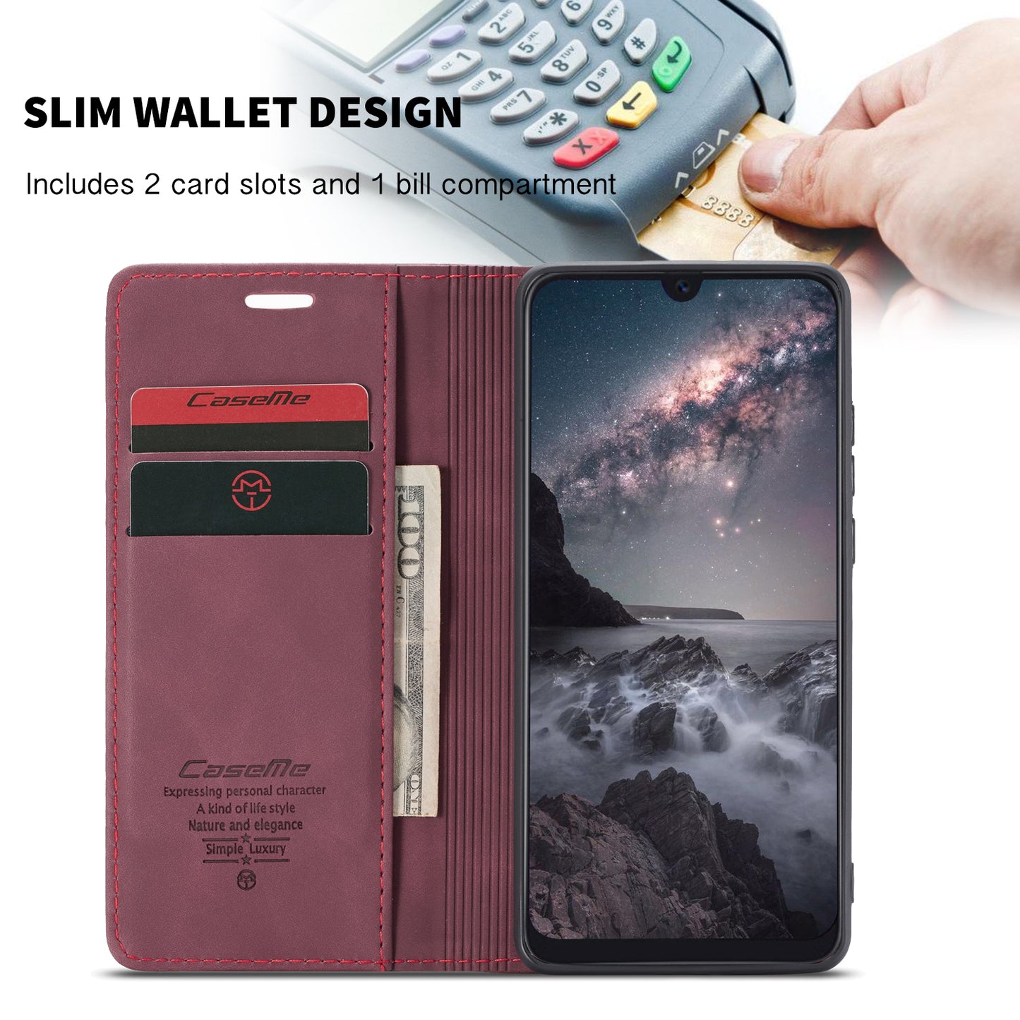 CASEME 013 Series Auto-absorbed Retro Business Leather Wallet Stand Phone Case for Xiaomi Mi 9