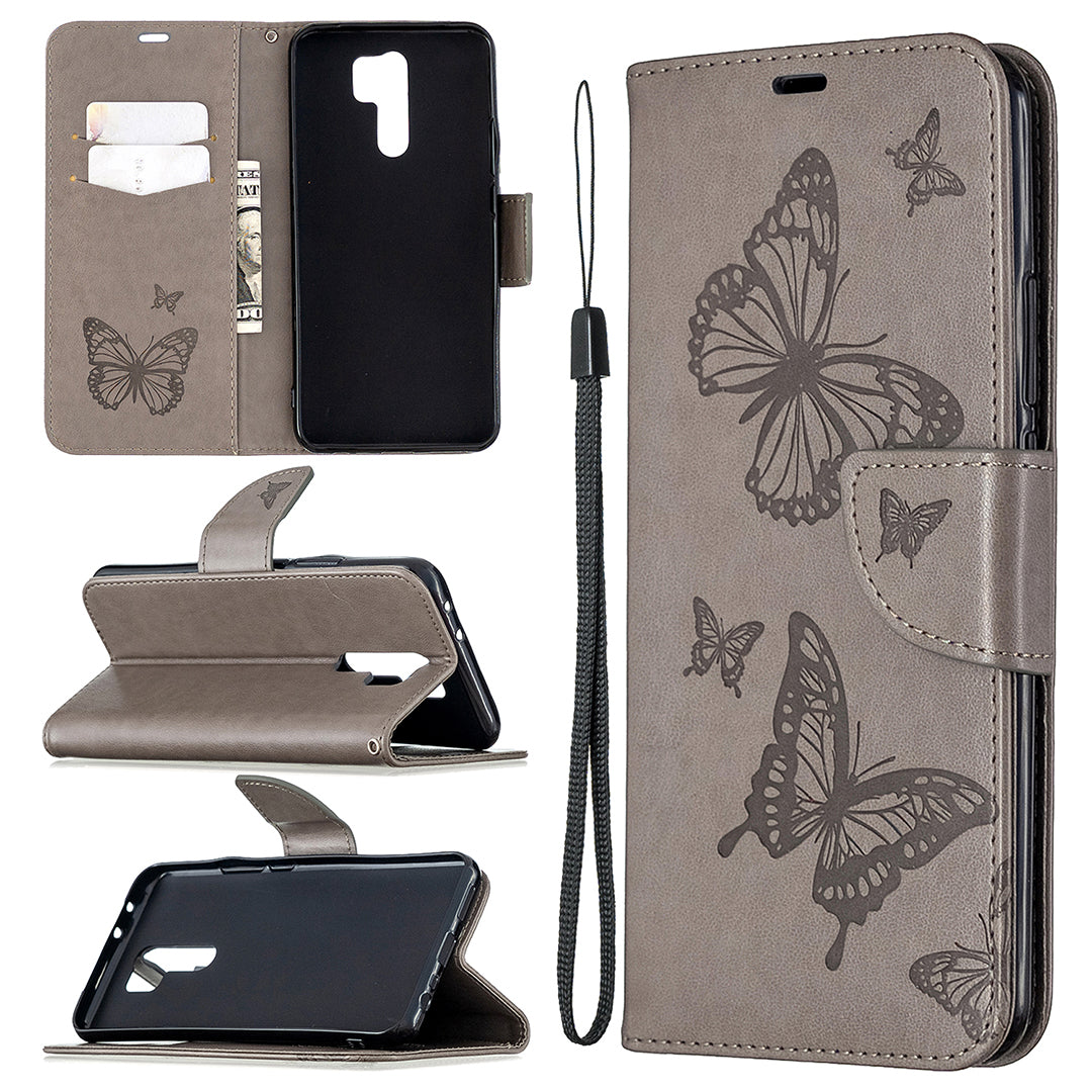 Imprint Butterflies Wallet Stand Flip Leather Phone Shell for Xiaomi Redmi 9
