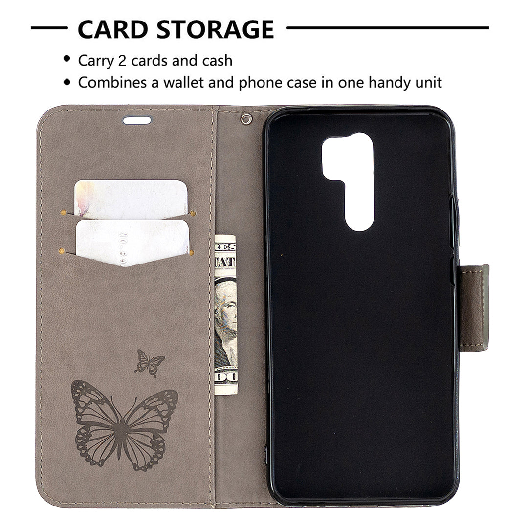 Imprint Butterflies Wallet Stand Flip Leather Phone Shell for Xiaomi Redmi 9