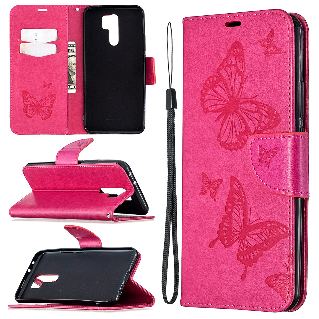 Imprint Butterflies Wallet Stand Flip Leather Phone Shell for Xiaomi Redmi 9