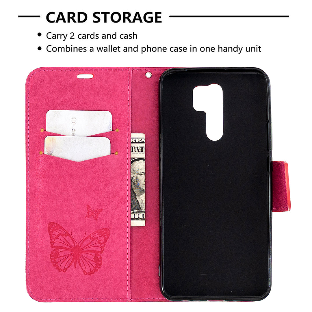 Imprint Butterflies Wallet Stand Flip Leather Phone Shell for Xiaomi Redmi 9