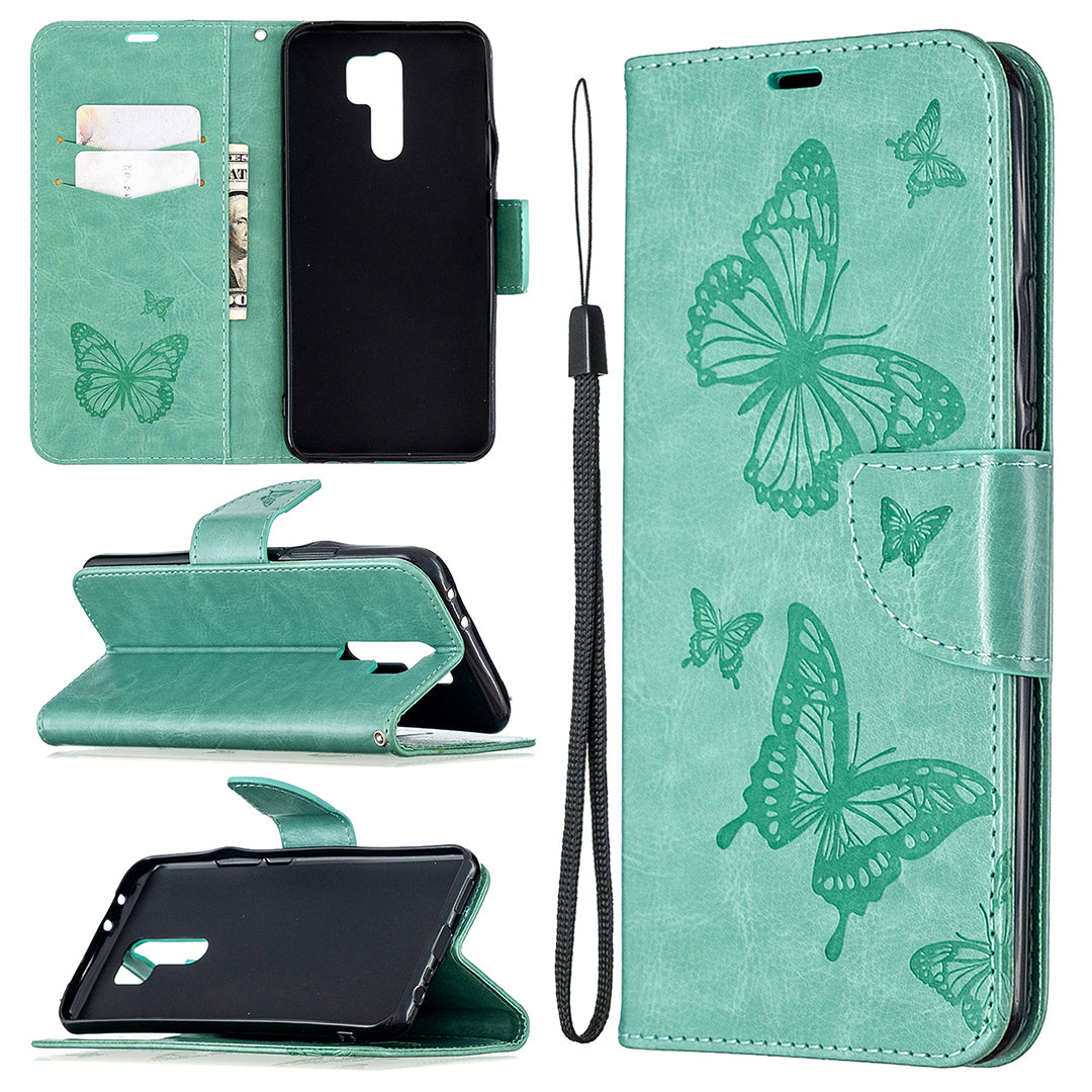 Imprint Butterflies Wallet Stand Flip Leather Phone Shell for Xiaomi Redmi 9