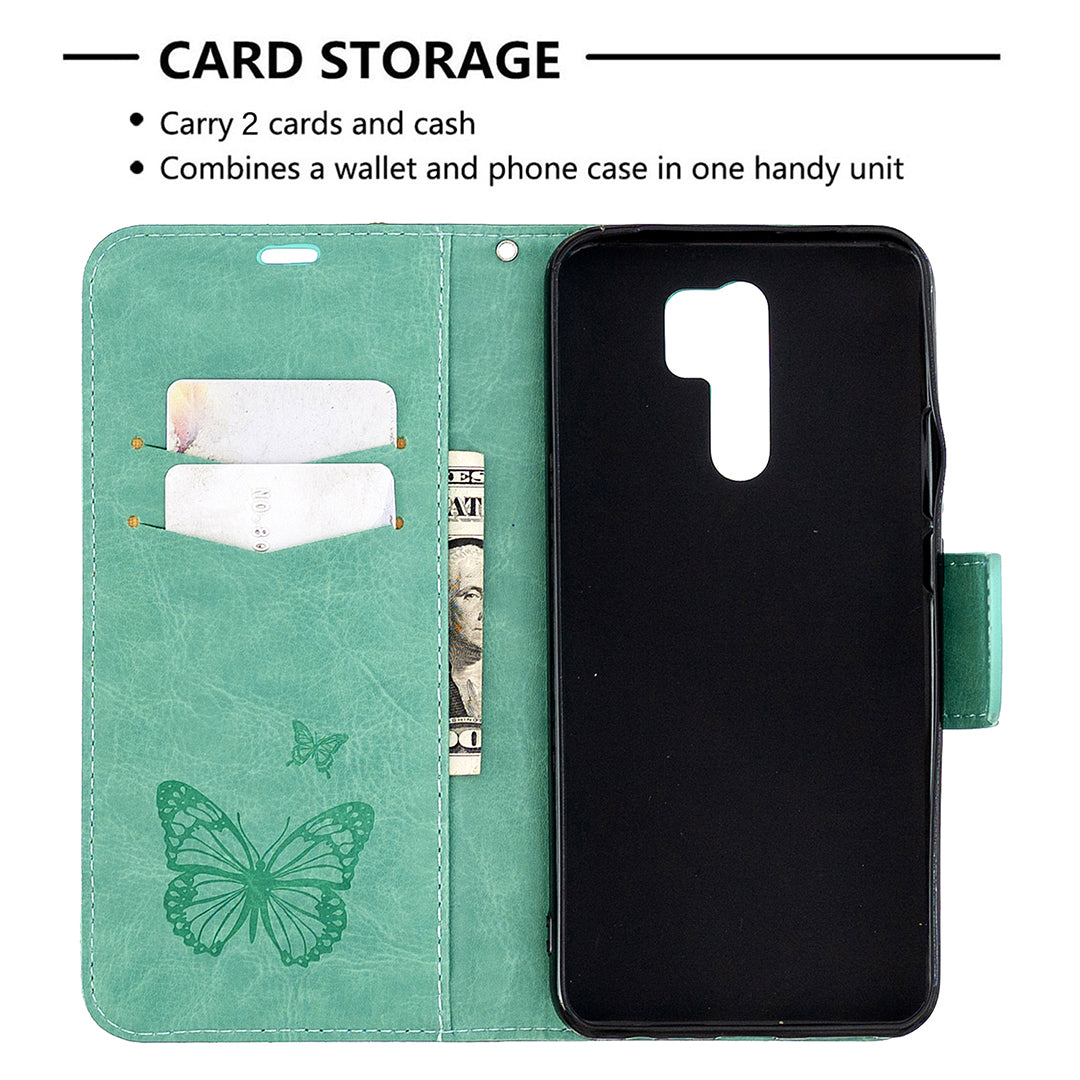 Imprint Butterflies Wallet Stand Flip Leather Phone Shell for Xiaomi Redmi 9