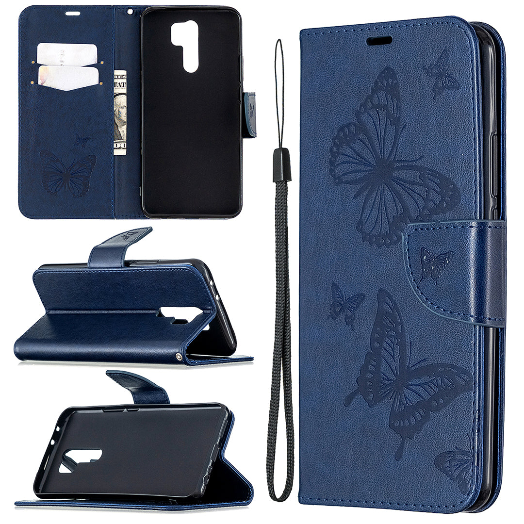 Imprint Butterflies Wallet Stand Flip Leather Phone Shell for Xiaomi Redmi 9