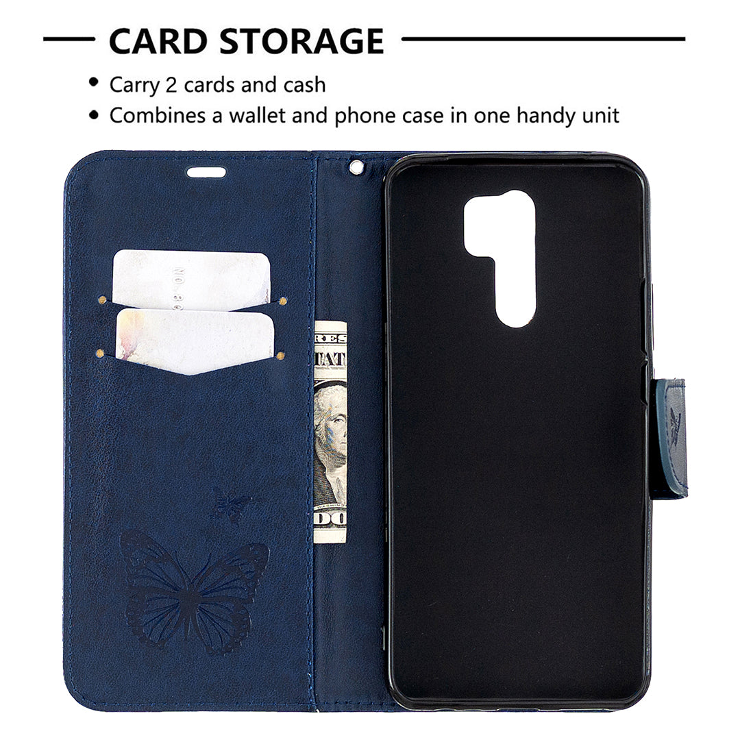 Imprint Butterflies Wallet Stand Flip Leather Phone Shell for Xiaomi Redmi 9