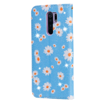 Daisy Pattern Flash Powder Card Holder Flip Leather Phone Case for Xiaomi Redmi 9