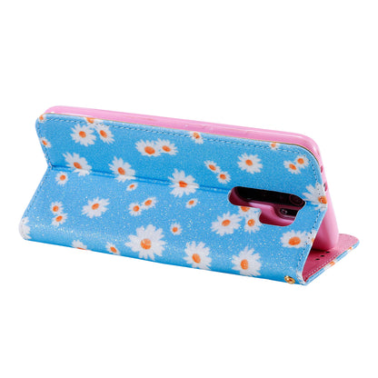 Daisy Pattern Flash Powder Card Holder Flip Leather Phone Case for Xiaomi Redmi 9