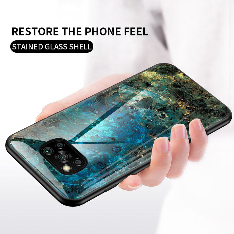 For Xiaomi Poco X3/Poco X3 Pro/Poco X3 NFC Marble Pattern Phone Case Tempered Glass+PC Back + TPU Bumper Combo Cover