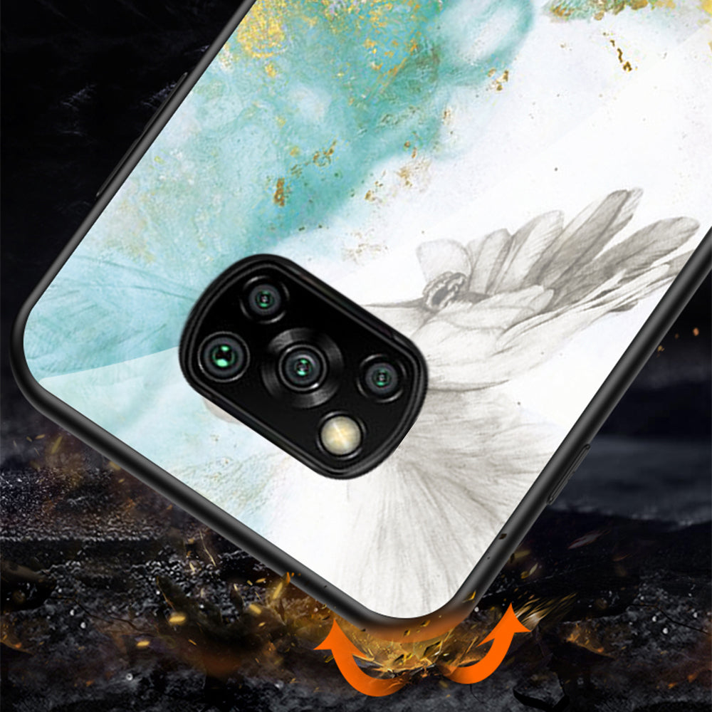 For Xiaomi Poco X3/Poco X3 Pro/Poco X3 NFC Marble Pattern Phone Case Tempered Glass+PC Back + TPU Bumper Combo Cover