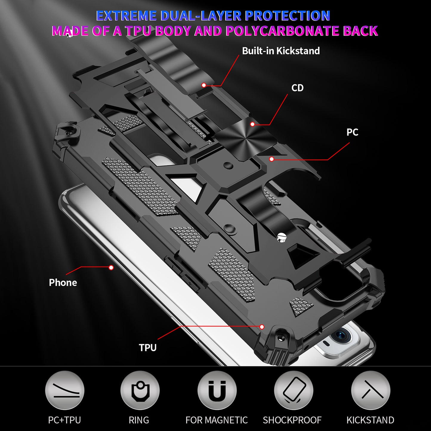Armor Shockproof Kickstand PC TPU Phone Case with Magnetic Metal Sheet for OnePlus 9 Pro