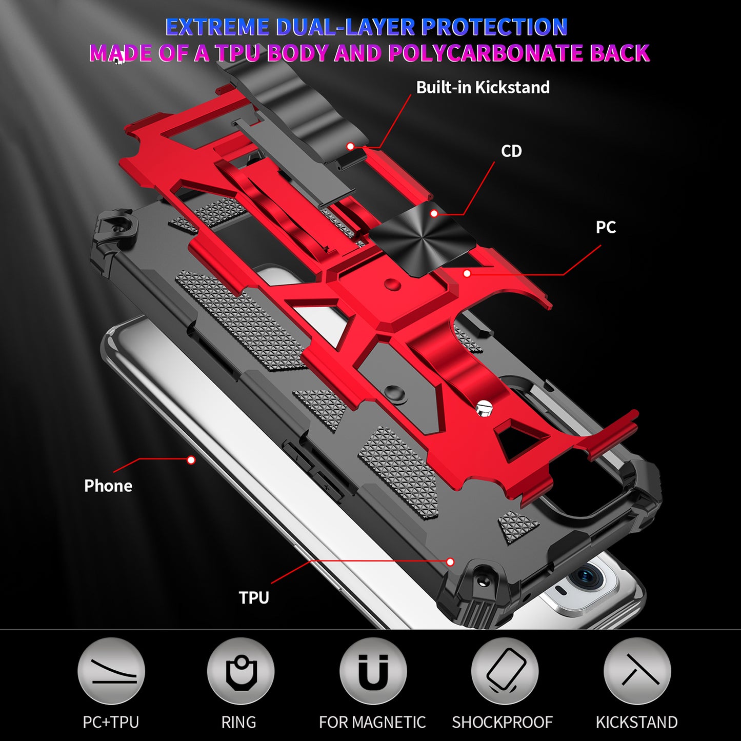 Armor Shockproof Kickstand PC TPU Phone Case with Magnetic Metal Sheet for OnePlus 9 Pro