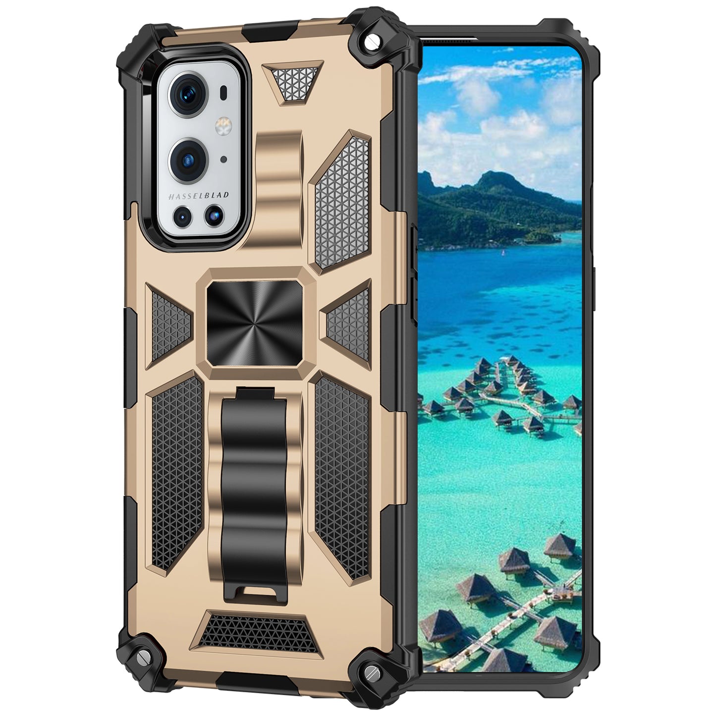 Armor Shockproof Kickstand PC TPU Phone Case with Magnetic Metal Sheet for OnePlus 9 Pro