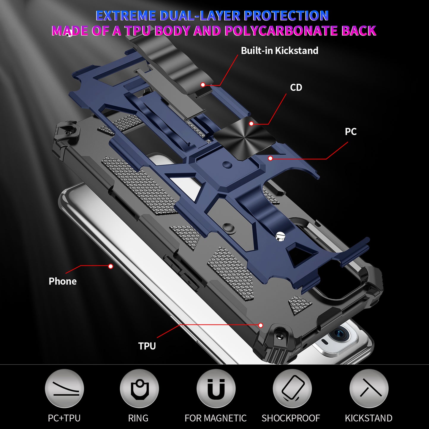 Armor Shockproof Kickstand PC TPU Phone Case with Magnetic Metal Sheet for OnePlus 9 Pro