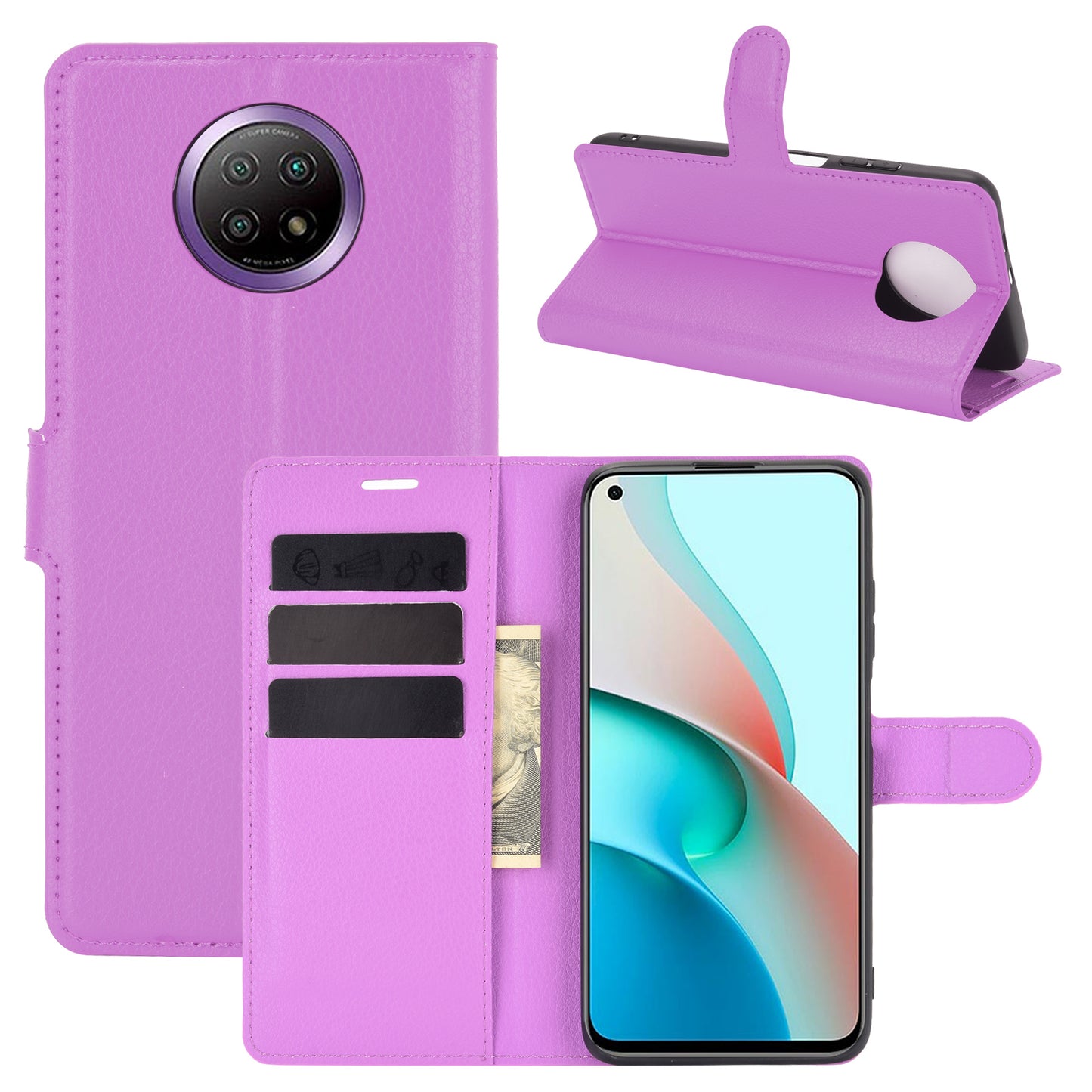 Wallet Design Folio Flip Litchi Texture Leather Phone Case with Stand for Xiaomi Redmi Note 9 5G/Note 9T 5G