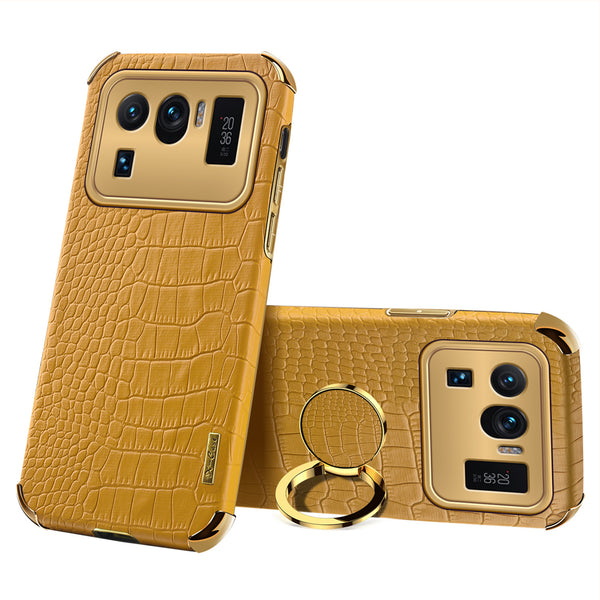 Electroplating Crocodile Texture PU Leather Coated TPU Precise Cutout Phone Cover with Ring Holder for Xiaomi Mi 11 Ultra