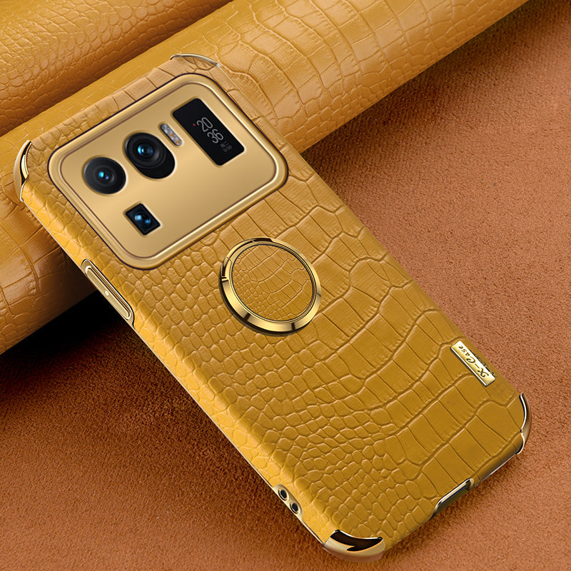 Electroplating Crocodile Texture PU Leather Coated TPU Precise Cutout Phone Cover with Ring Holder for Xiaomi Mi 11 Ultra