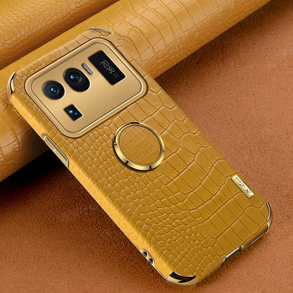 Electroplating Crocodile Texture PU Leather Coated TPU Precise Cutout Phone Cover with Ring Holder for Xiaomi Mi 11 Ultra