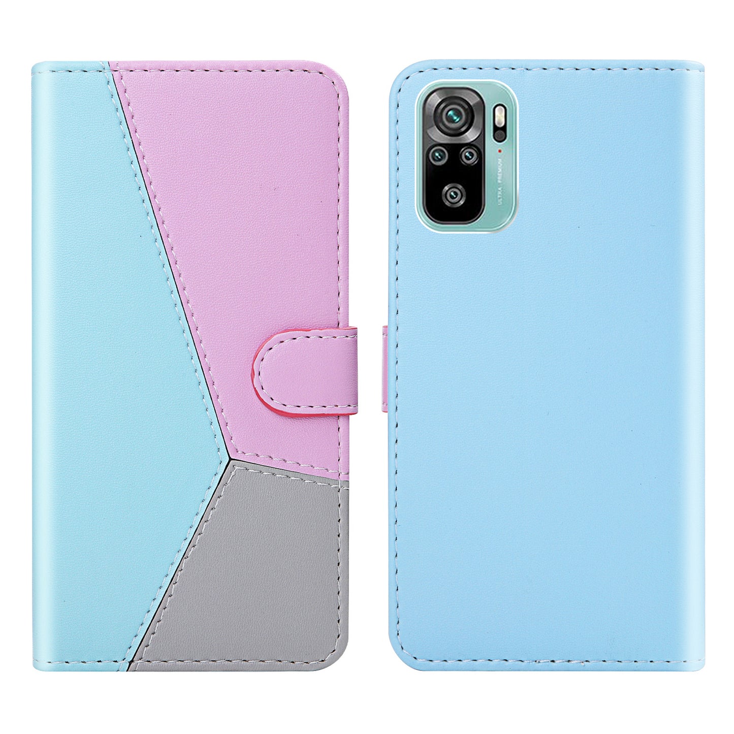 Three-color Splicing Leather Cover Wallet Stand Protective Case for Xiaomi Redmi Note 10 4G / Note 10S / Poco M5s 4G