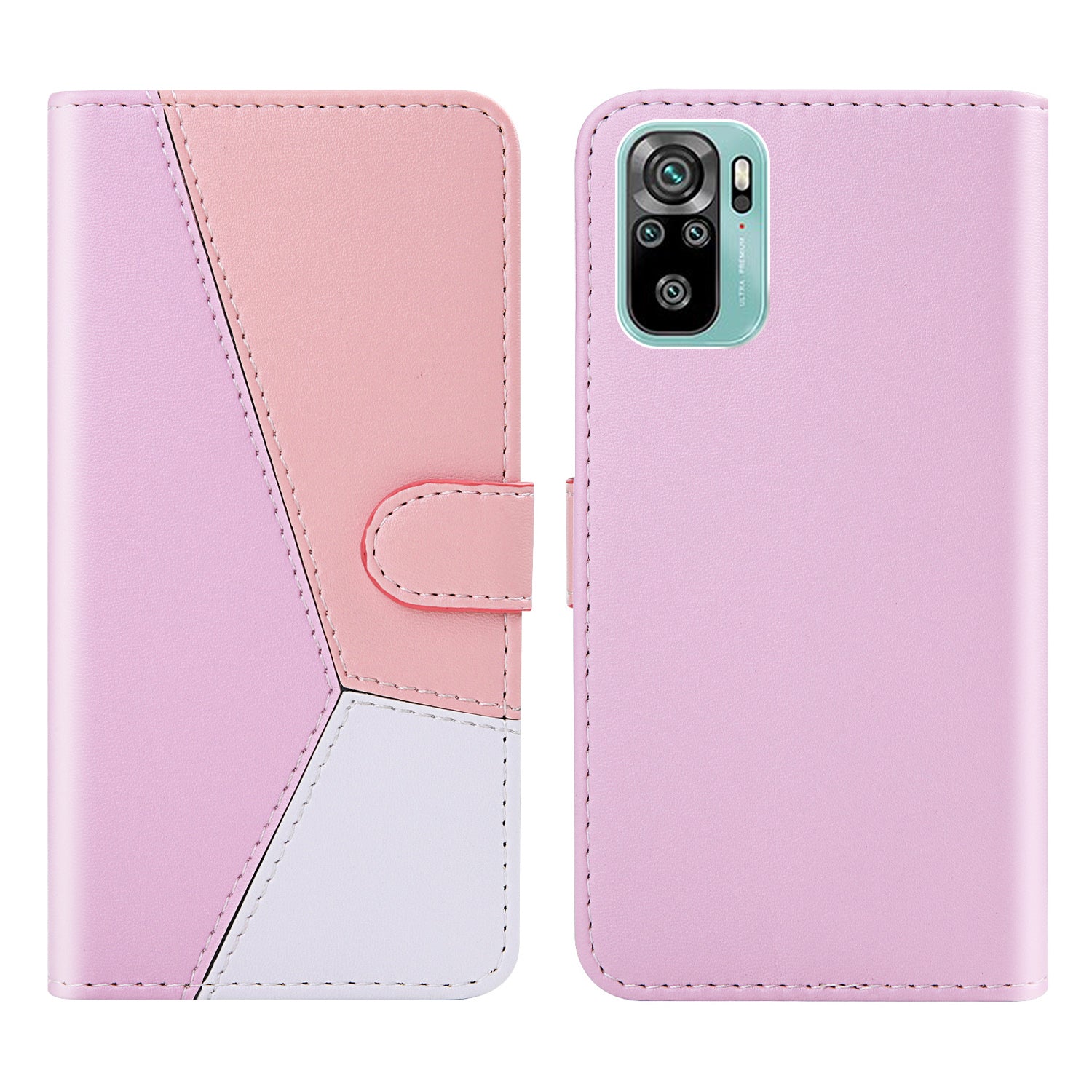 Three-color Splicing Leather Cover Wallet Stand Protective Case for Xiaomi Redmi Note 10 4G / Note 10S / Poco M5s 4G