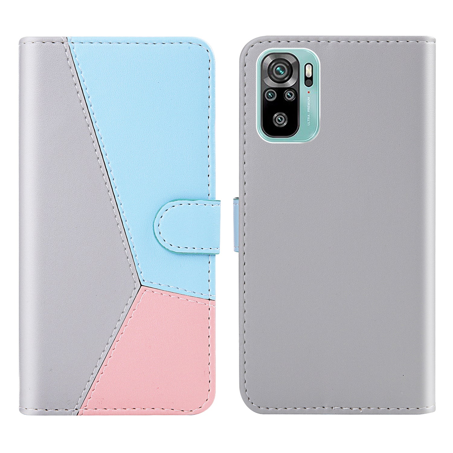 Three-color Splicing Leather Cover Wallet Stand Protective Case for Xiaomi Redmi Note 10 4G / Note 10S / Poco M5s 4G