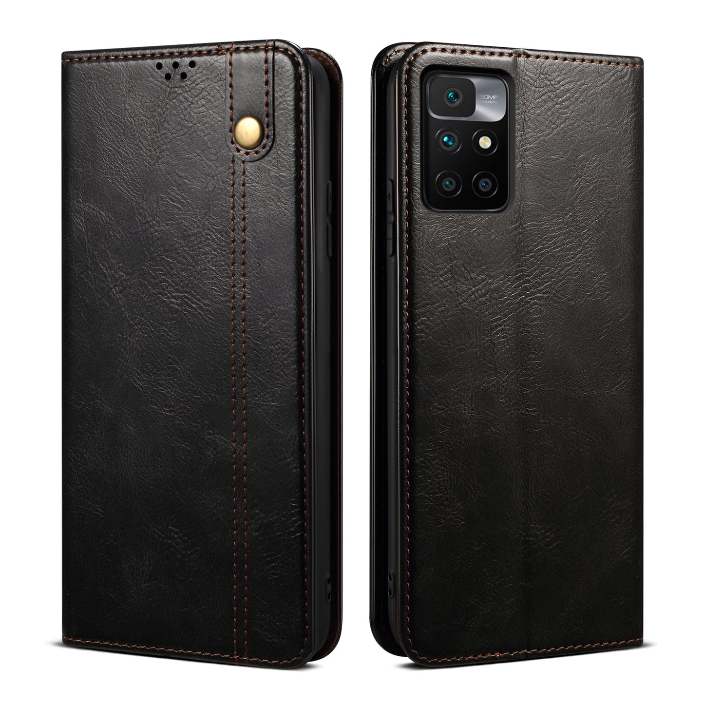 Waxy Crazy Horse Texture Wallet Stand Magnetic Closure PU Leather Phone Case for Xiaomi Redmi 10 4G (2021)/10 Prime/10 2022 4G/Note 11 4G (MediaTek)
