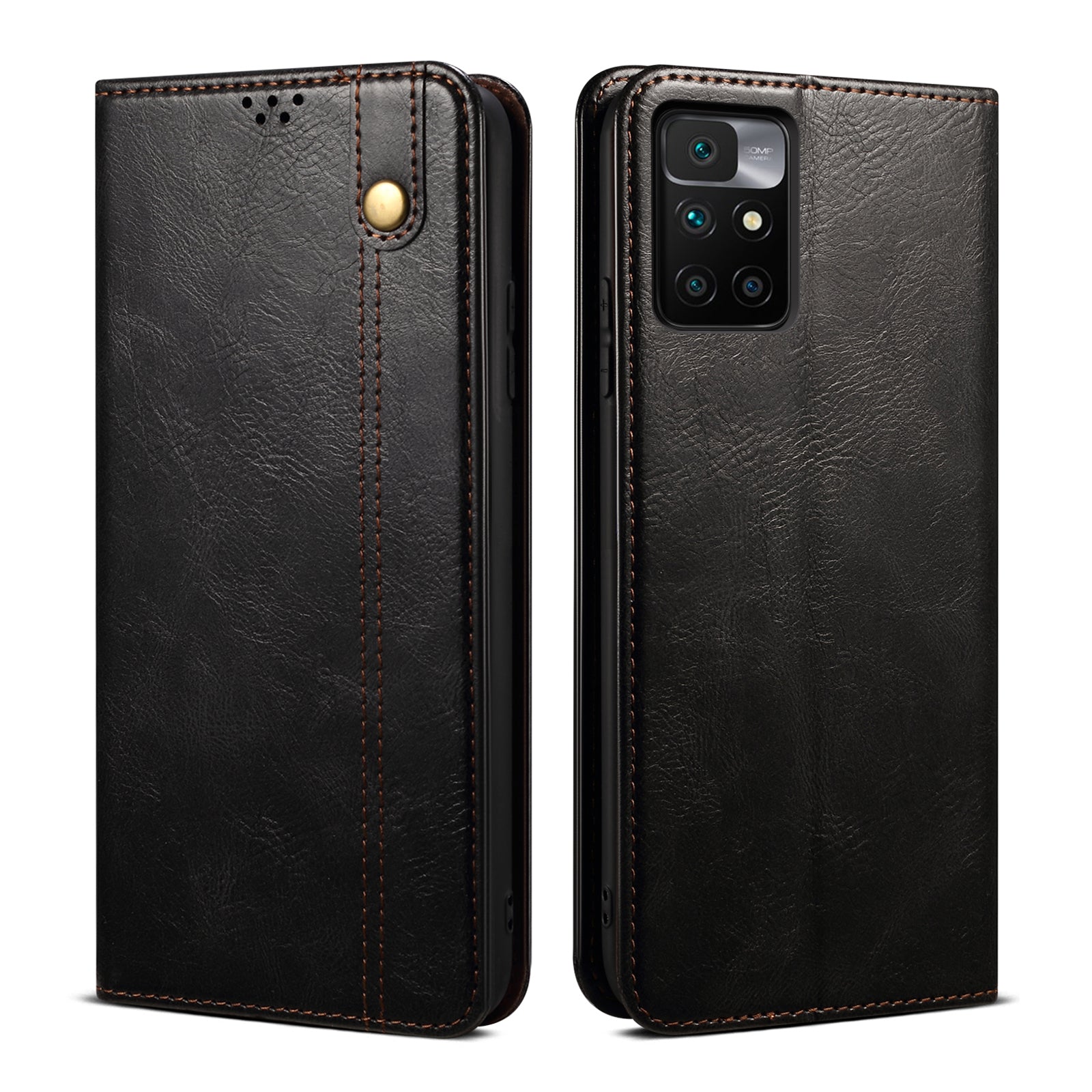 Waxy Crazy Horse Texture Wallet Stand Magnetic Closure PU Leather Phone Case for Xiaomi Redmi 10 4G (2021)/10 Prime/10 2022 4G/Note 11 4G (MediaTek)