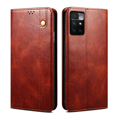 Waxy Crazy Horse Texture Wallet Stand Magnetic Closure PU Leather Phone Case for Xiaomi Redmi 10 4G (2021)/10 Prime/10 2022 4G/Note 11 4G (MediaTek)