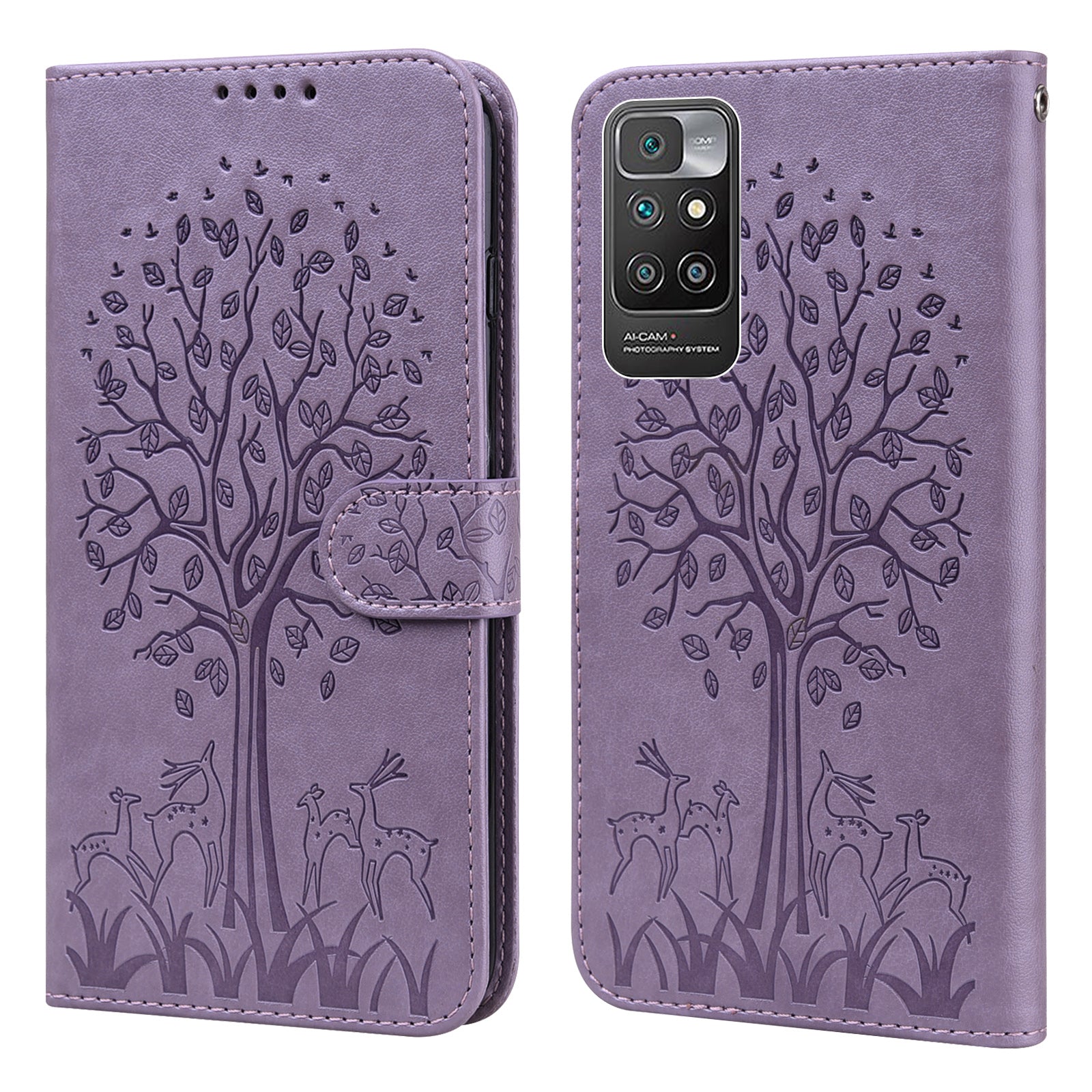 Tree and Deer Imprinted Double-sided Magnetic Clasp Scratch-resistant Stylish Leather Wallet Stand Phone Shell Case for Xiaomi Xiaomi Redmi 10 4G (2021)/Redmi 10 2022 4G/Redmi Note 11 4G (MediaTek)/Redmi 10 Prime